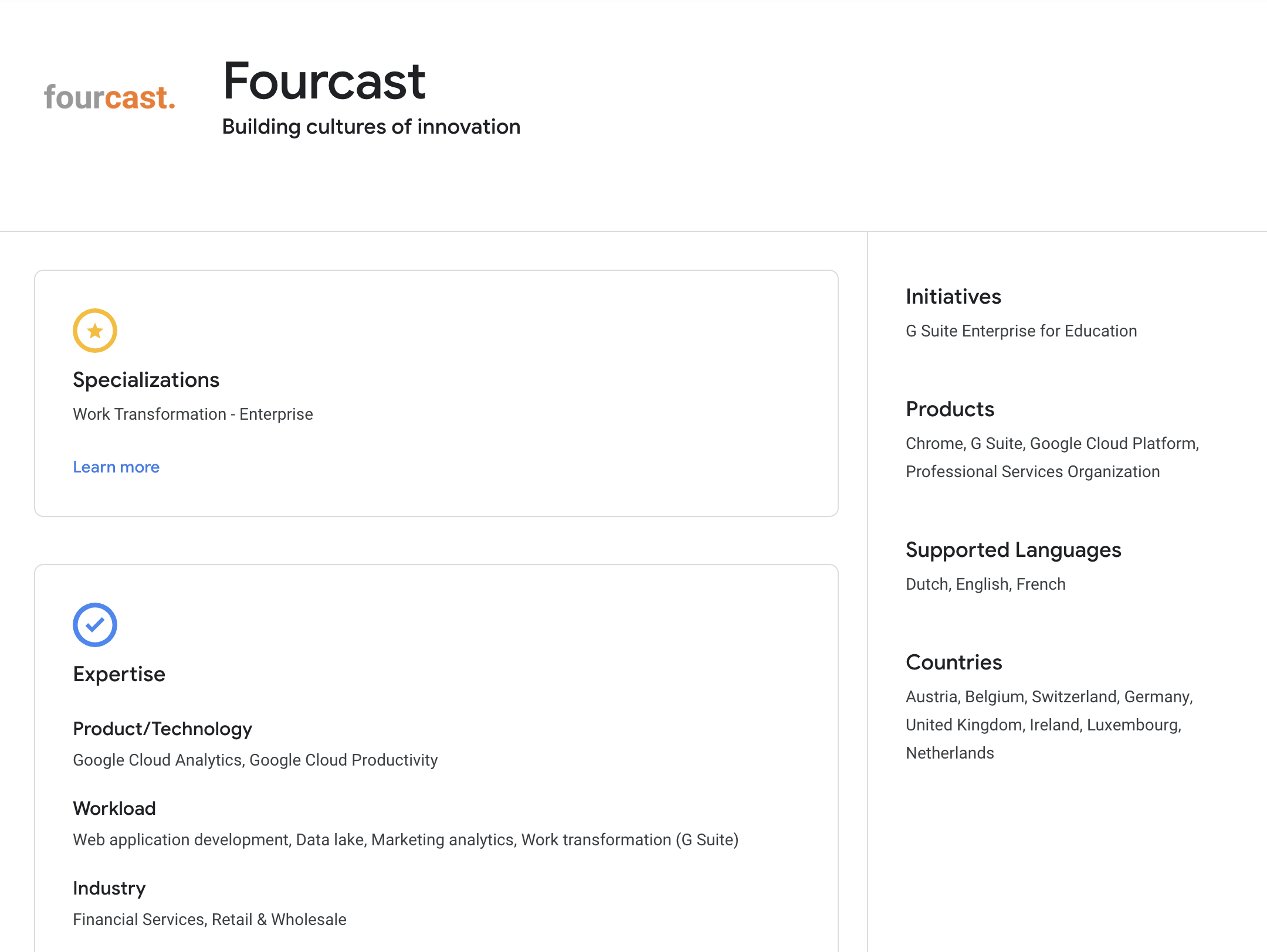 Fourcast page in Google Cloud Partner Directory 